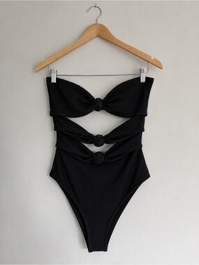 Aerie Black Ribbed Cutout One-Piece Swimsuit | Knotted Detail | Size Large